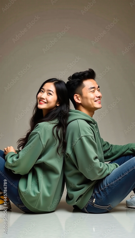 Fototapeta premium A young Asian pair is positioned back to back.