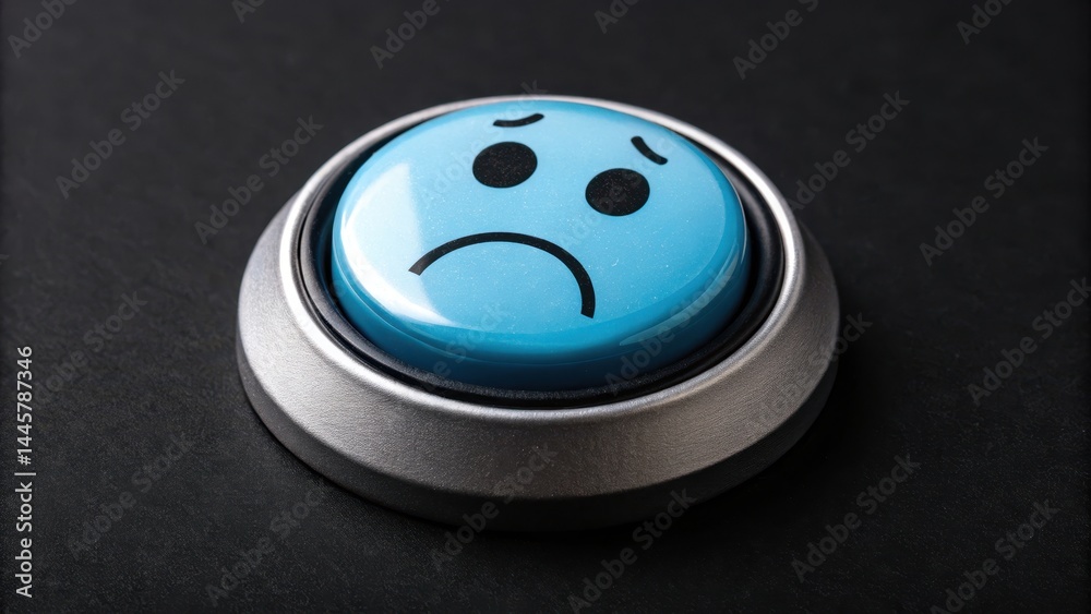 Round button with worried face emoji in muted blue, symbolizing anxiety or concern, placed on sleek metallic base against dark black background Round button with worried face emoji in muted blue, symbolizing anxiety or concern, placed on sleek metallic base against dark black background