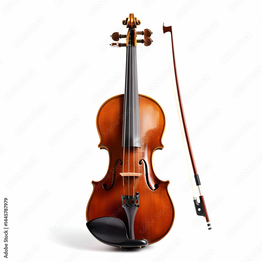 Fototapeta premium Elegant Wooden Violin with Bow on a Neutral Background