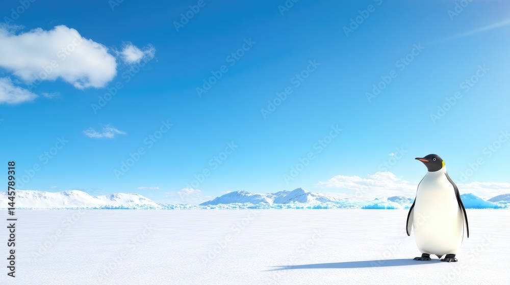 Fototapeta premium A lone penguin stands on a vast expanse of snow-covered landscape under a clear blue sky