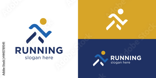 Creative simple running logo template. Abstract people run with geometric style logo design vector illustration.