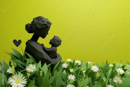 Silhouette sculpture of a mother and child amidst flowers.