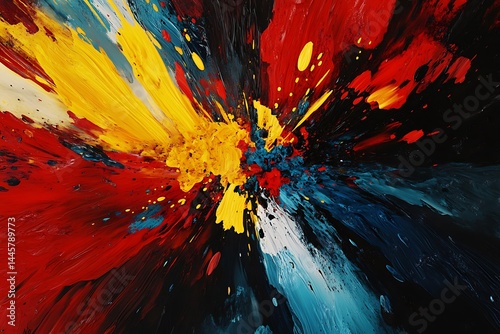 Abstract splash explosion with red, yellow and blue color palette