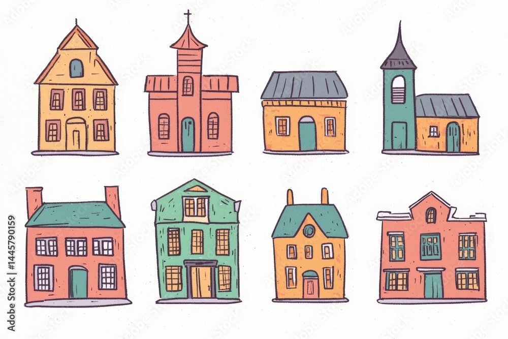 Naklejka premium Bright and creative illustrations of educational and communal structures.