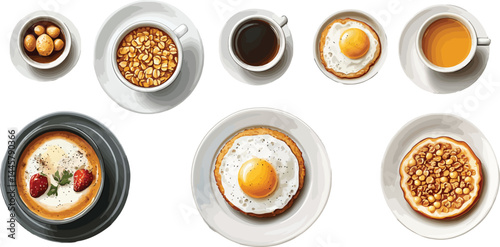 Breakfast collection featuring eggs, bacon, coffee, and various delicious treats in a cartoon setting for morning enjoyment
