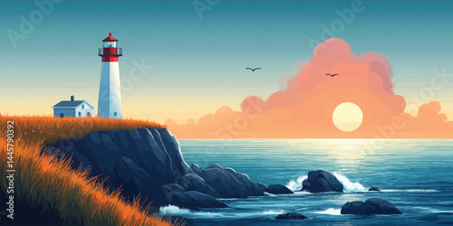Coastline featuring modern lighthouse alongside waves and sunset in a flat cartoon design