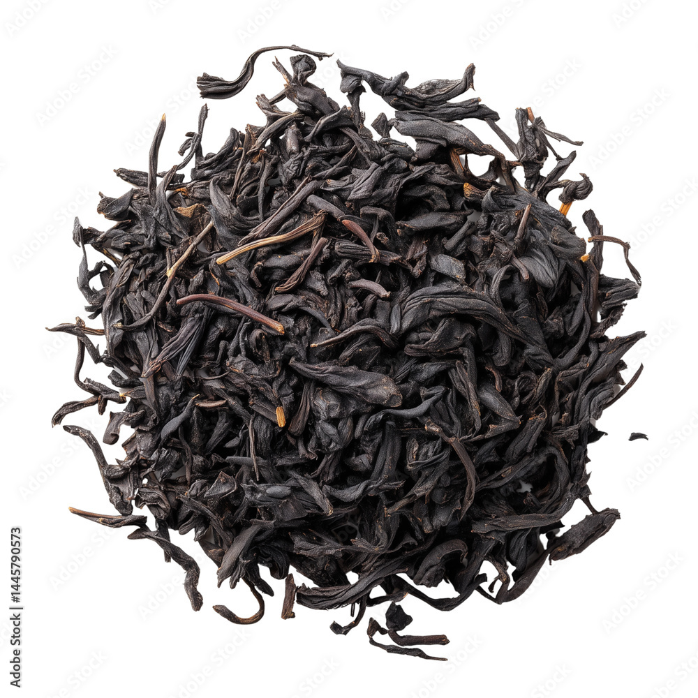 Loose black tea leaves isolated on white background