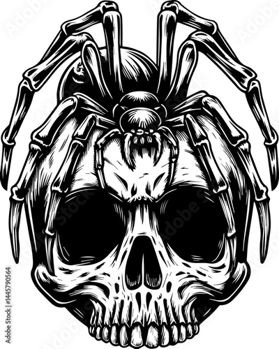 SVG vector of dark fantasy skull with spider and web elements. Elegant Skull and Spider Illustration in Black and White Style