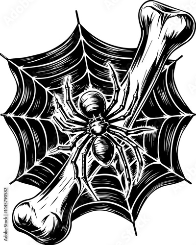 SVG vector of dark fantasy skull with spider and web elements. Intricate Black and White Spider Web Design with Bones and Spider