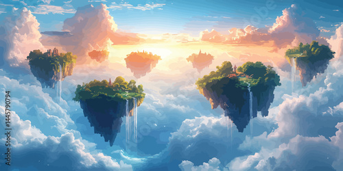 Floating islands surrounded by clouds featuring lush greenery and cascading waterfalls in a vibrant and whimsical design