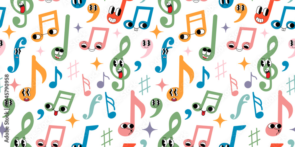 seamless pattern with colored musical notations groovy characters in doodle style. Element for design pattern backgrounds seamless wallpaper packaging wrapping textile print banner seamless pattern with colored musical notations groovy characters in doodle style. Element for design pattern backgrounds seamless wallpaper packaging wrapping textile print banner