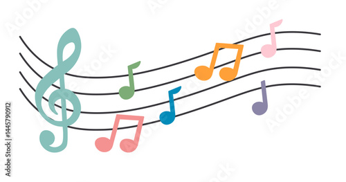 colored musical notations on a staff in doodle style in vector. Element for design advertisement mail posts poster print postcard banner