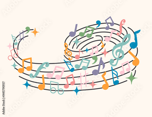 colored musical notations on a staff in doodle style in vector. Element for design advertisement mail posts poster print postcard banner