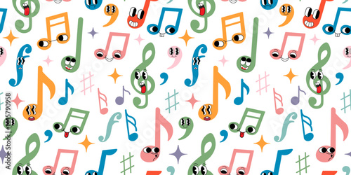 seamless pattern with colored musical notations groovy characters in doodle style. Element for design pattern backgrounds seamless wallpaper packaging wrapping textile print banner