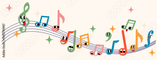 colored musical notations on a staff in doodle style in vector. Element for design advertisement mail posts poster print postcard banner