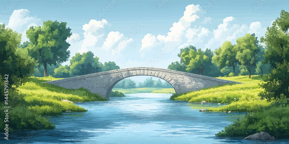 Fototapeta premium Visual representation of a serene river with a simple bridge amidst vibrant greenery and bright clouds
