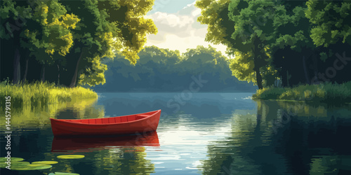 Pond with boat in a serene park setting during early morning light capturing tranquility and nature