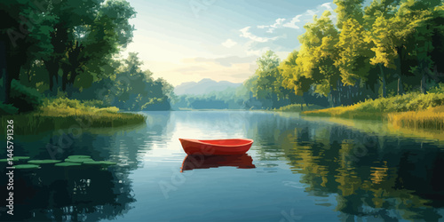 Relaxing day at a serene park pond with a vibrant red boat in the calm water surrounded by lush greenery