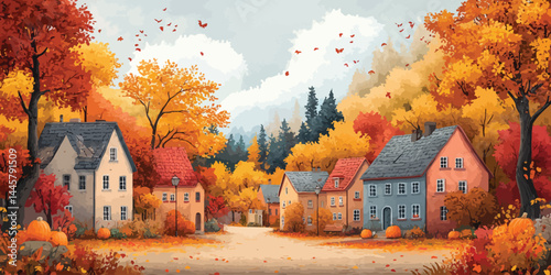 Charming autumn town square with colorful houses and falling leaves in modern flat design style