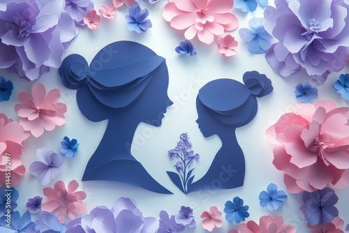 Silhouette portrait of a mother and daughter surrounded by flowers.