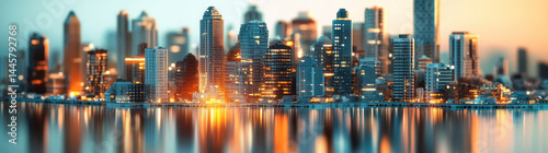 Stunning city skyline at dusk, showcasing tall buildings reflecting on water, creating serene atmosphere