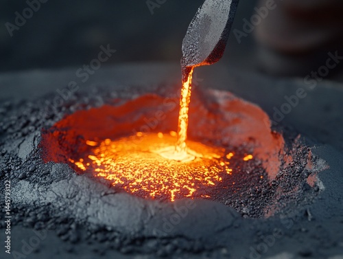 Molten iron flowing in industrial foundry superrealistic close-up high-temperature environment stunning visual impact photo