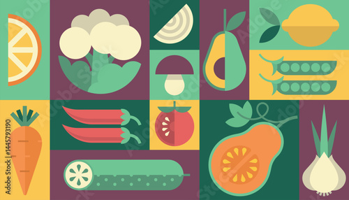 Vegetables fruits diet healthy food vegetarian background vector geometric menu poster icon set logo