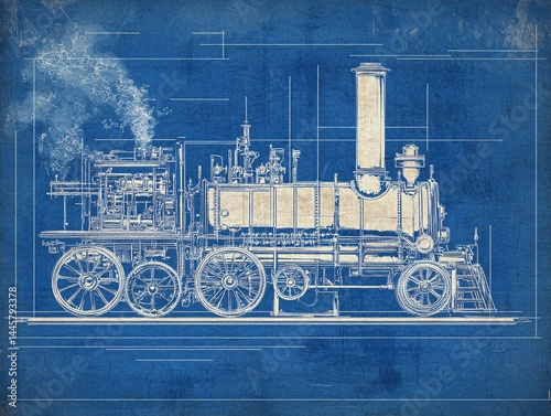 Industrial era blueprint of a coal-fired locomotive vintage design engineered concept technical illustration