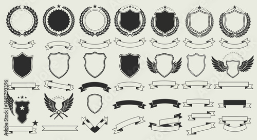 Vector heraldic shields laurel wreath banners collection for logo design and branding elements set template
