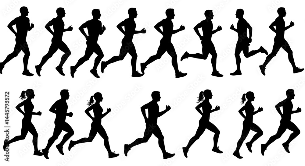 Running silhouettes vector illustration marathon runners jogging exercise fitness cardio workout training 10k race
Running silhouettes vector illustration marathon runners jogging exercise fitness cardio workout training 10k race