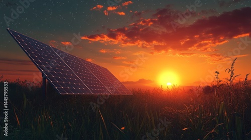 Dramatic sunset scenery with glowing orange sky over solar panel farm in tranquil rural countryside landscape  Renewable energy and eco friendly technology concept