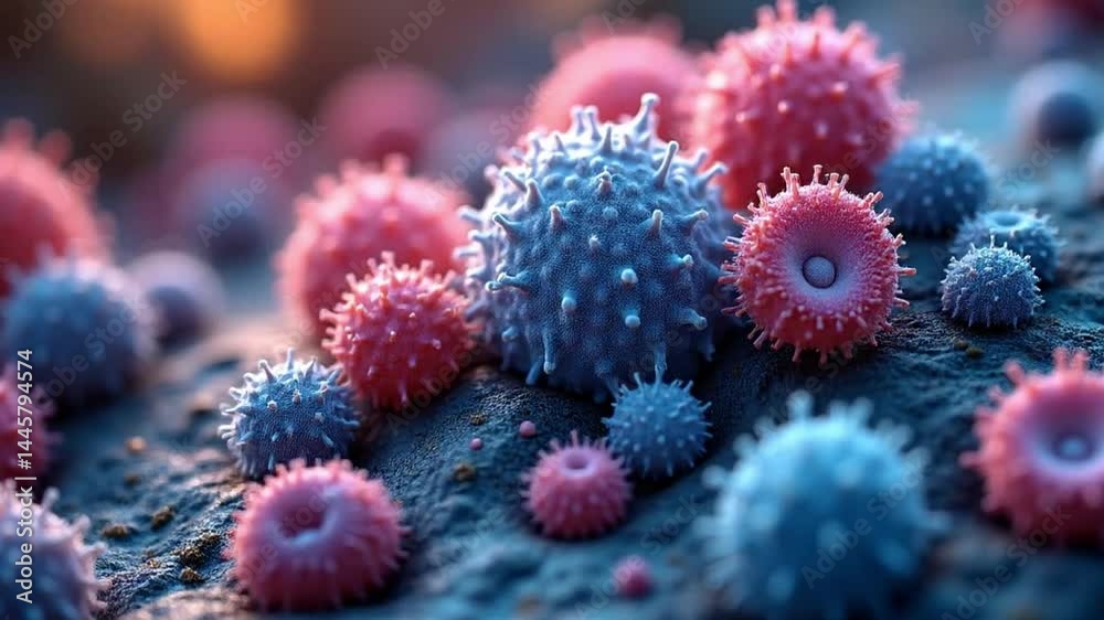 Microscopic View of Pathogenic Viruses with Spikes, Red and Blue Coloring Microscopic View of Pathogenic Viruses with Spikes, Red and Blue Coloring
