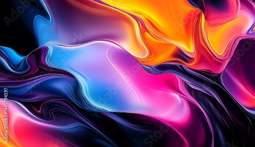 Abstract, colorful liquid shapes on dark background, three-dimensional rendered illustration