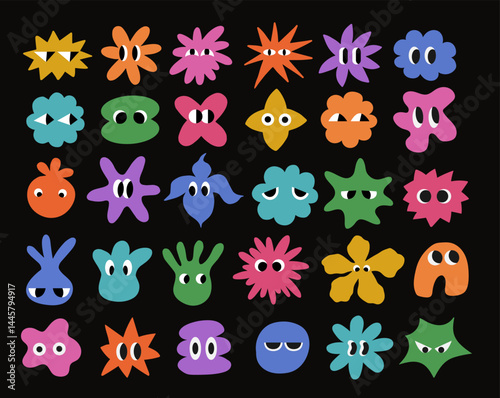 Set of colorful funny shape element. Collection of cartoon characters organic form. Faces with various comic emotions on isolated background