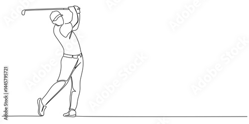 Continuous line drawing of man playing golf. Single one line art concept of professional golfer swinging the stick to hit ball.