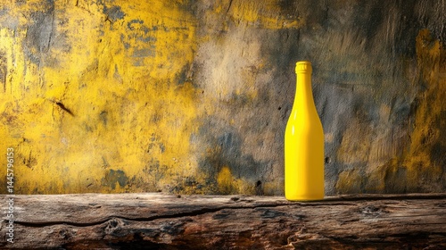 The bright modernity of a yellow bottle balances the rustic charm of a natural wood log.