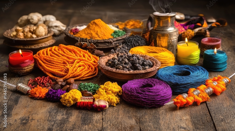 Various sacred threads (raksha sutra) arranged with Diwali puja items. Symbolic representation. Various sacred threads (raksha sutra) arranged with Diwali puja items. Symbolic representation.