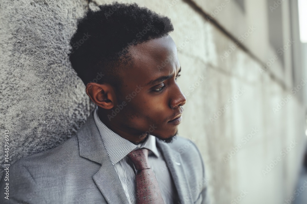 Obraz premium A sharply dressed black man, in a gray suit and tie, leans against a concrete wall outdoors.