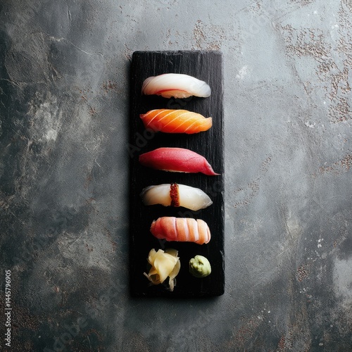 Assorted sushi nigiri elegantly arranged on a dark rectangular slate plate showcasing vibrant seafood with ginger and wasabi against a speckled gray backdrop.
