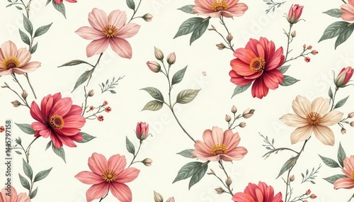 Wallpaper Mural Floral botanical motifs with delicate line art on a light background form a repeating interior design pattern , illustration, line art Torontodigital.ca