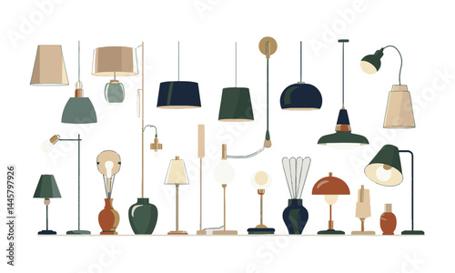 A flat modern vector illustration of a collection of various stylish lamps, easily editable.