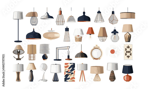 A flat modern vector illustration of a collection of various stylish lamps, easily editable.