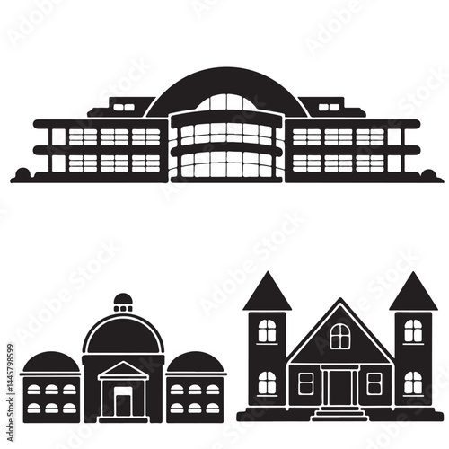 black vector different school buildings silhouette	