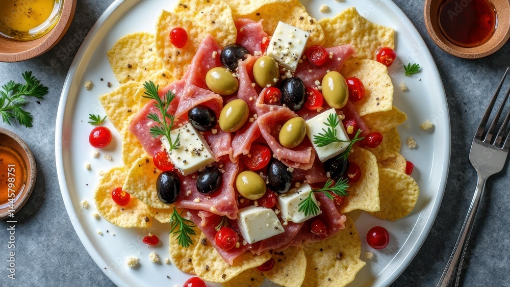 Mediterranean nachos with olives, cheese, and salami on a white plate Mediterranean nachos with olives, cheese, and salami on a white plate