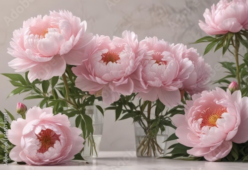 Soft pink peony blossoms, full bloom, elegant backdrop, photo, floral design,