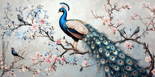Peacock perched on blossoming branch, detailed feathers and flowers, serene aesthetic, symbolizes elegance, beauty, and nature's artistry, ideal for home decor