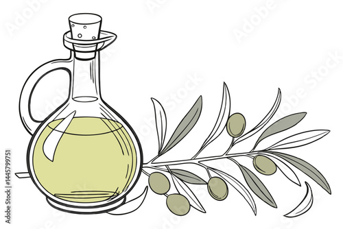 55 Glass carafe, golden liquid, olive oil, cork stopper, transparent pitcher, culinary ingredient, kitchen essential, healthy cooking, Mediterranean cuisine, round base, sleek design, pale yellow colo