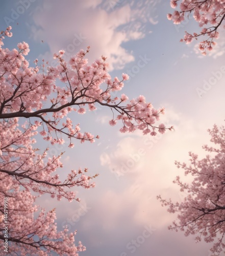 Soft pink sakura petals descend against a muted pastel sky ,  falling,  background,  gentle