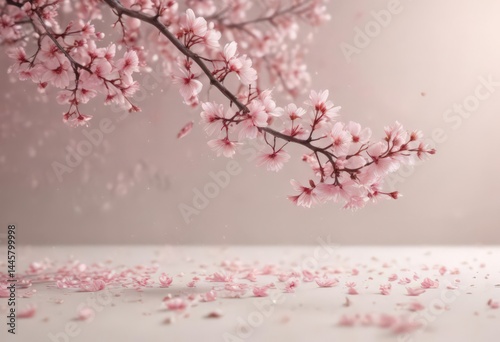 Soft pink sakura petals descend against a pale, dreamy background ,  spring, sakura