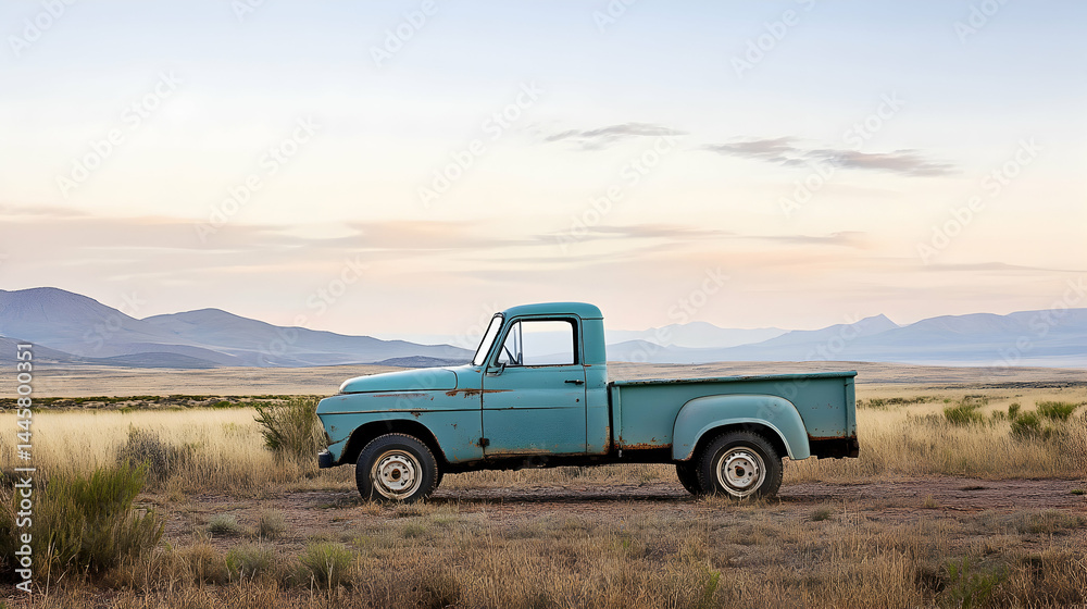 Fototapeta premium A vintage teal pickup truck sits in a field with mountains in the background.